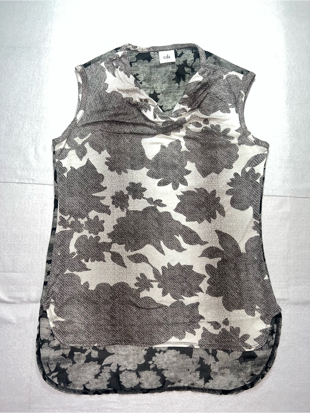 Cabi Women’s Tango Tank Floral Sleeveless Blouse with Cowl Neck , Grey White, XS